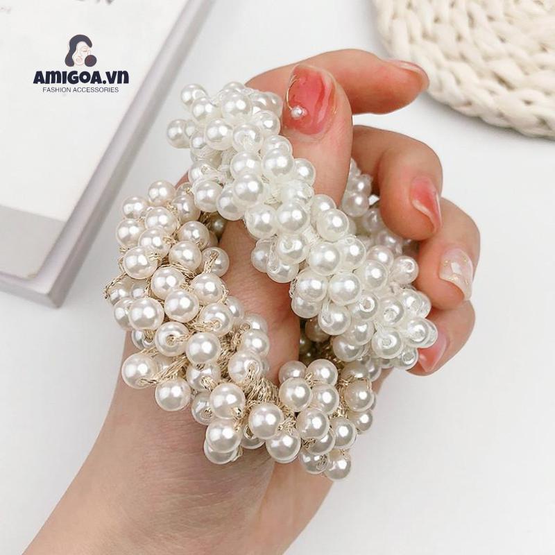 Dây Buộc Tóc Cao Su Co Giãn Đính Hạt Ngọc Trai Giả Xinh Xắn