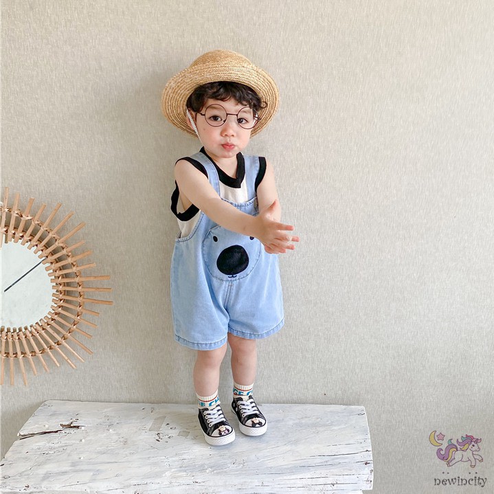 Quần yếm denim thêu họa tiết gấu ngộ nghĩnh đáng yêu phong cách Hàn Quốc thời trang cho bé