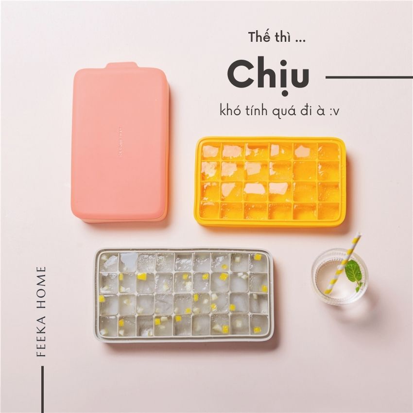 Khay đá silicon có nắp cao cấp FEEKA ngăn mùi - chống tràn, khuôn đá silicon để tủ lạnh 24 ô