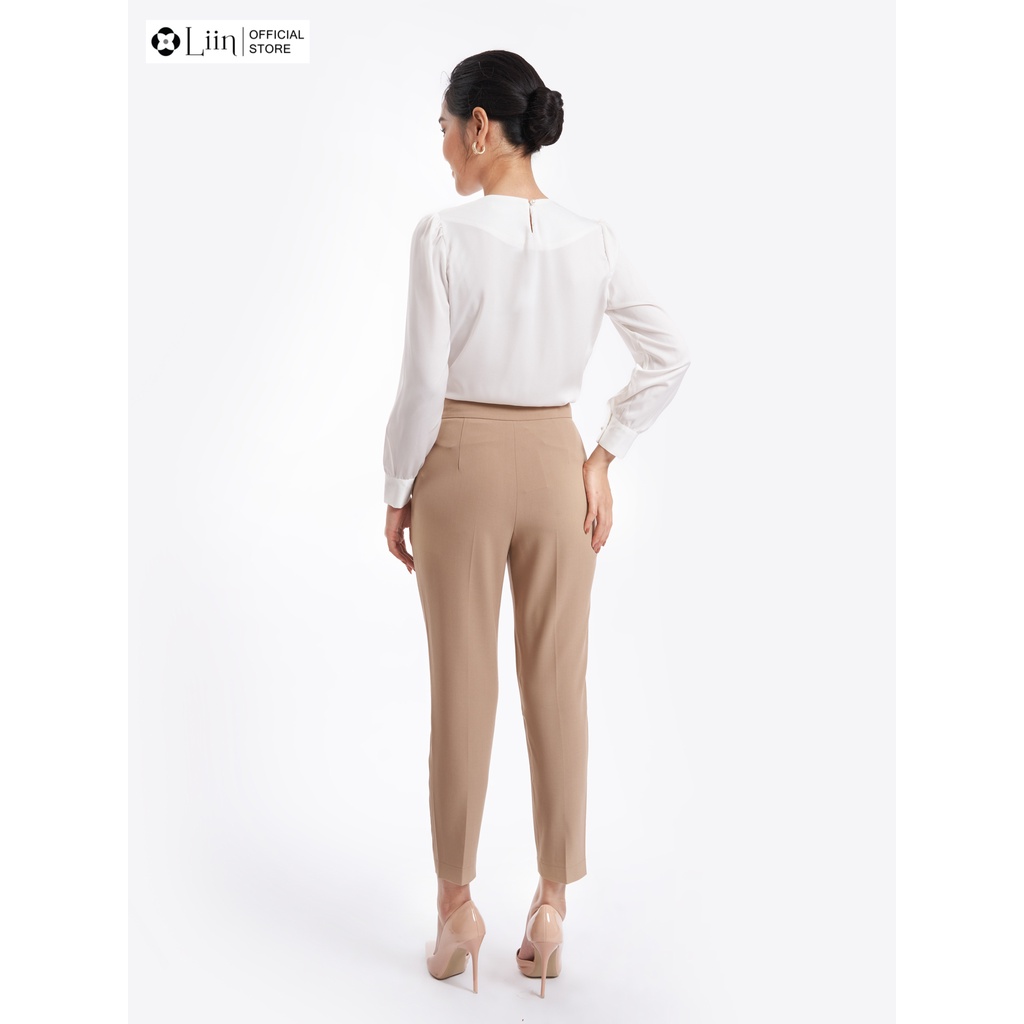 Quần dài nữ cao cấp màu be xước hàn mix cúc kiểu dáng thanh lịch Liin Clothing Q3629