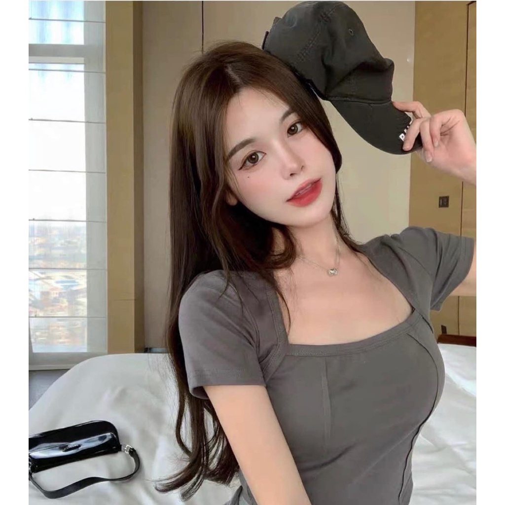 Áo croptop nữ cổ vuông tay ngắn dáng ôm body, áo thun cộc tay vạt yếm | BigBuy360 - bigbuy360.vn