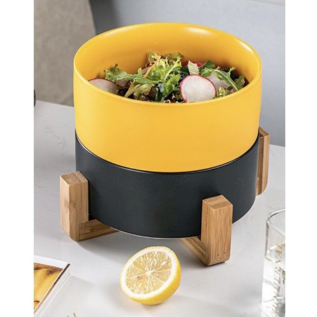 (SẴN) Tô sứ kèm kệ gỗ chống nóng, tô salad sứ màu pastel phong cách Bắc Âu 16cm - Bát sứ cao cấp xuất khẩu