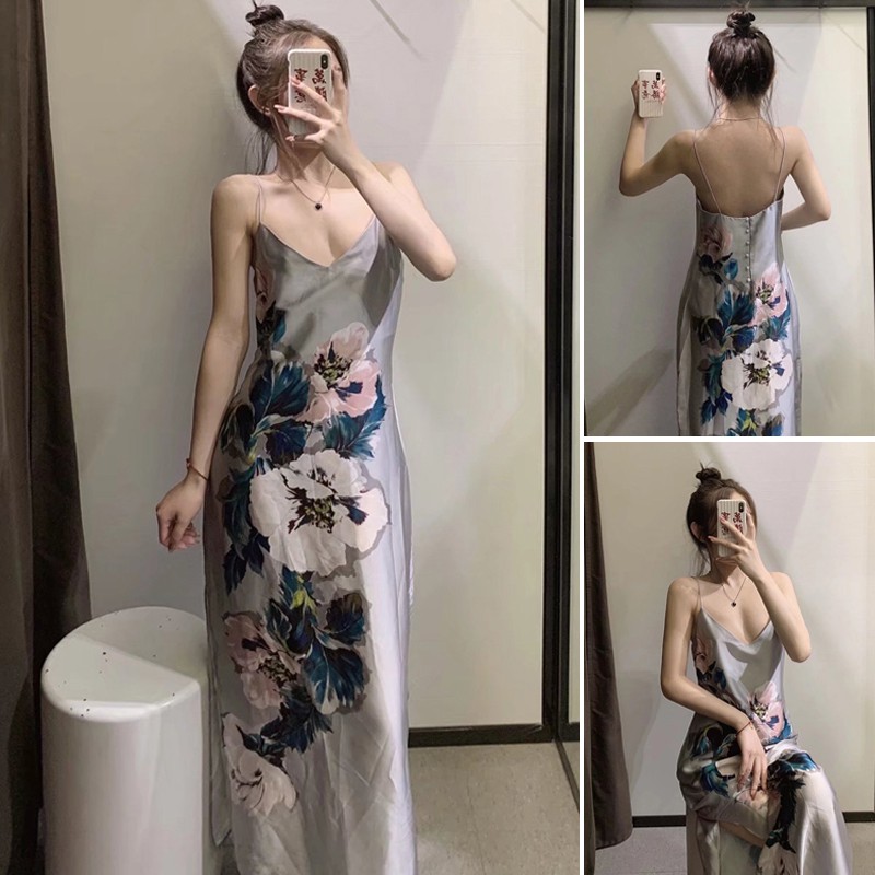 ĐẦM HAI DÂY NỮ LỤA HOẠ TIẾT HOA MÀU XÁM - 8838/326