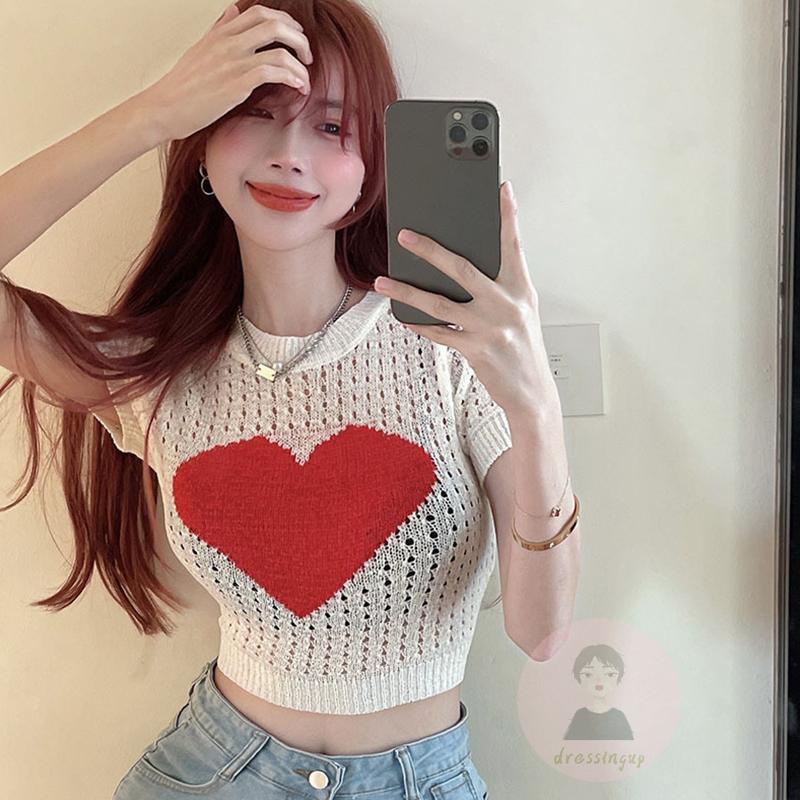 Áo Thun Tay Ngắn Cổ Tròn Họa Tiết Trái Tim Thời Trang Cho Nữ