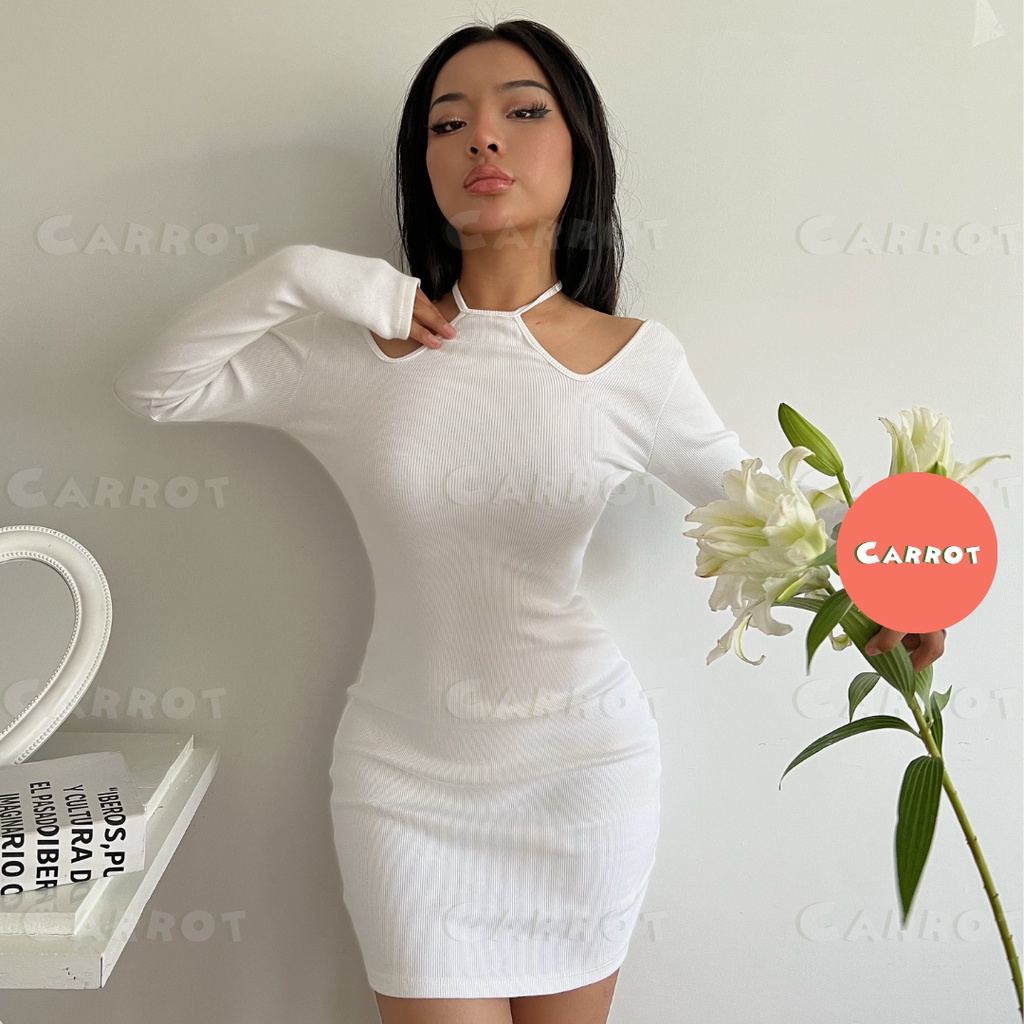 Đầm body sexy hở lưng hở eo váy ôm cổ yếm hở vai cột dây quyến rũ sang chảnh màu trắng thun gân carrotxinhdep trắng, đen