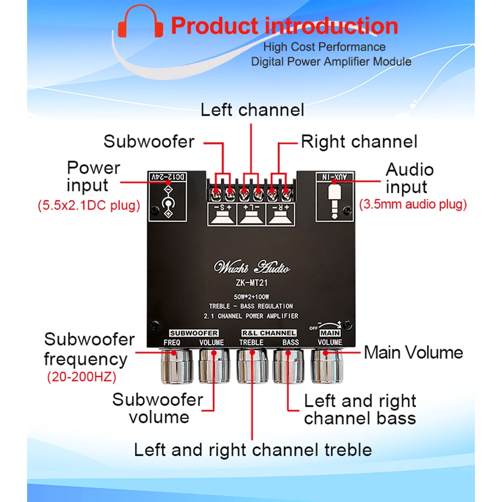 Bảng Mạch Khuếch Đại Âm Thanh zk-mt21 mini 2.1 bluetooth 5.0 50wx2 100w Chuyên Dụng
