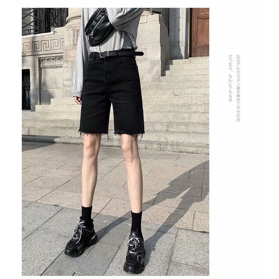 Quần short denim daduhey màu đen dáng suông ống rộng phong cách Hàn Quốc mùa hè cho nữ (không kèm thắt lưng Pos)