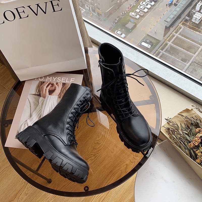 Giày boot ulazang nữ cổ cao 20cm buộc dây khóa kèo đế dày cá tính