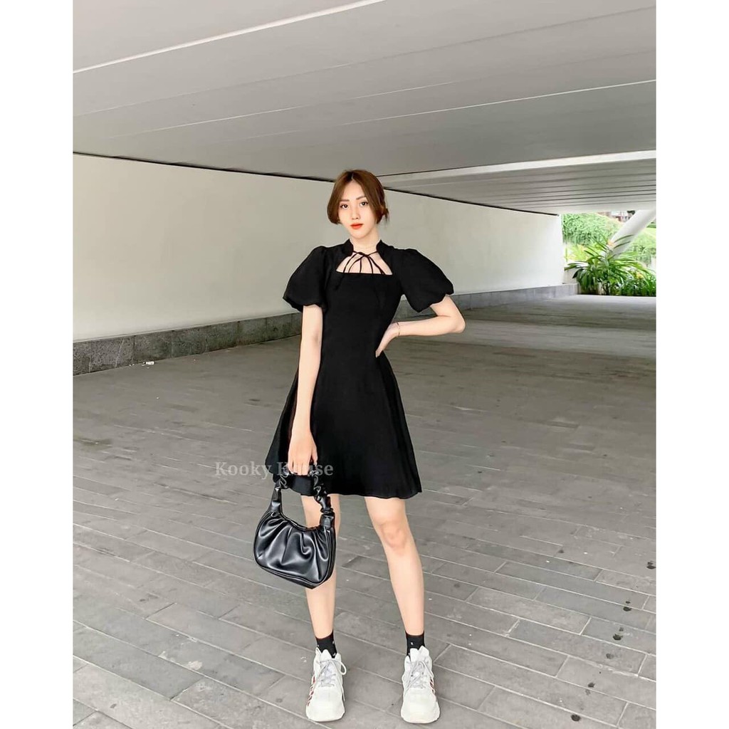 Váy trắng Hepburn buộc dây nơ cổ xinh xắn cá tính 2 màu trắng/đen (kèm video/ảnh thật) | BigBuy360 - bigbuy360.vn