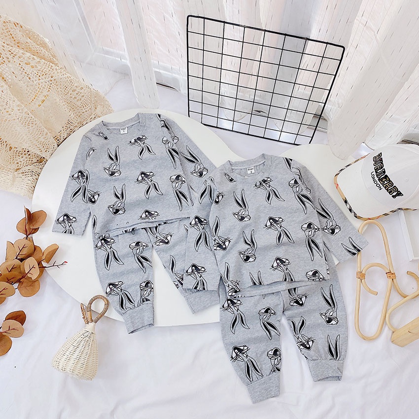 Bộ Quần Áo Dài Tay Thu Đông In Hình THỎ GHI Cho Bé Từ 6-18kg Mã DT33
