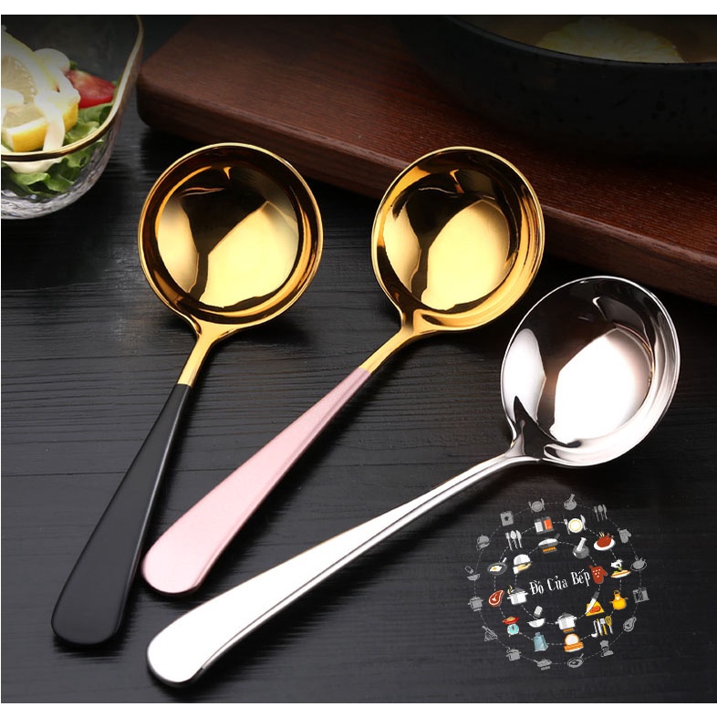 Vá nhỏ muỗng múc canh nước súp inox 304 mạ vàng sáng bóng cán sơn đen nhám chống trượt phong cách vintage dài 19cm