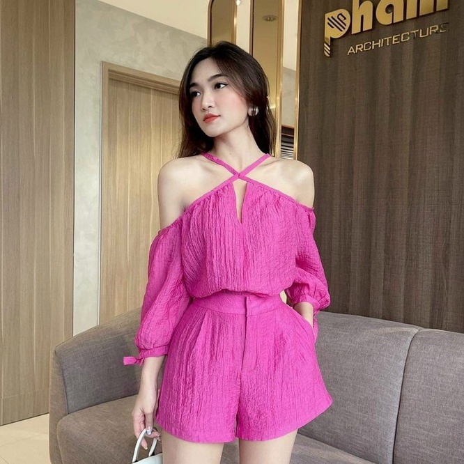 Set đùi áo dây cổ yếm chéo dây kèm quần short dễ thương phong cách sexy sang chảnh tiểu thư đi chơi dự tiệc dạo phố