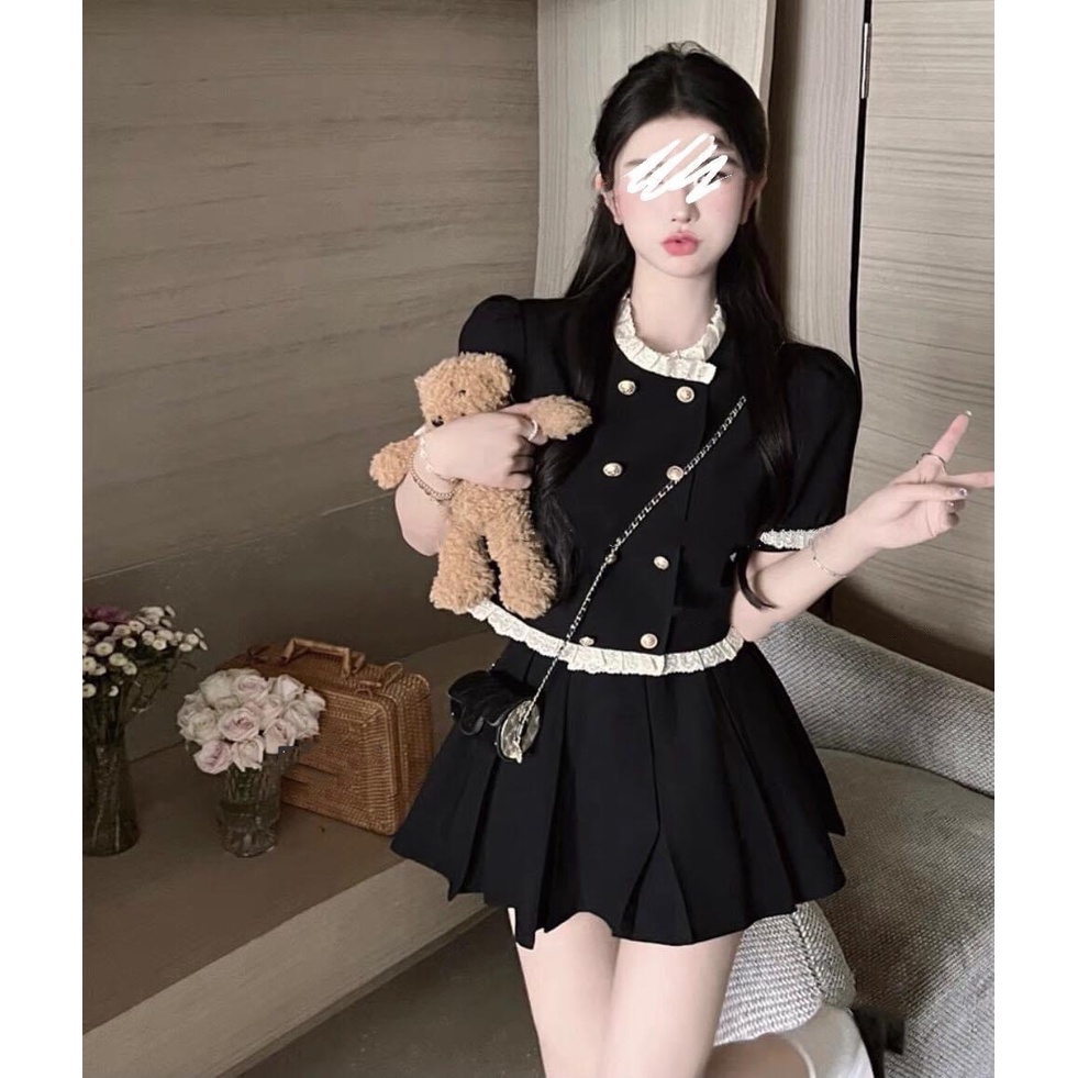 Set áo váy nữ Quảng Châu thiết kế phối viền ren siêu xinh, Set đồ nữ gồm áo sơ mi và chân váy xếp ly rẻ đẹp trẻ trung