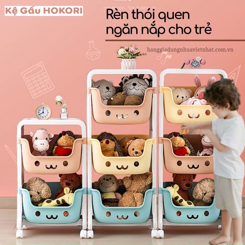 Kệ để đồ chơi, quần áo, bánh kẹo hình gấu có bánh xe 3 tầng cho bé