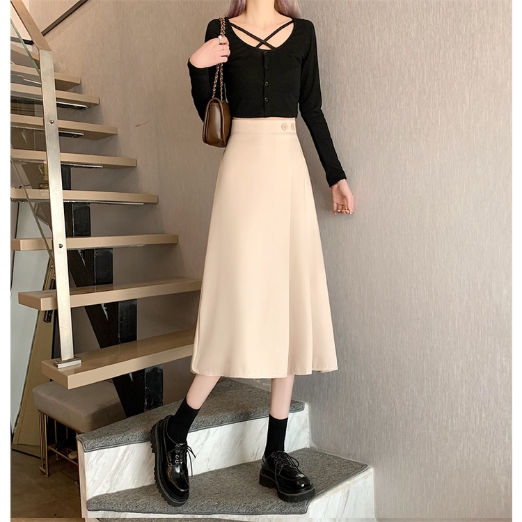 LEEVA - Chân váy kaki dáng dài phối nút đơn giản thanh lịch CV027