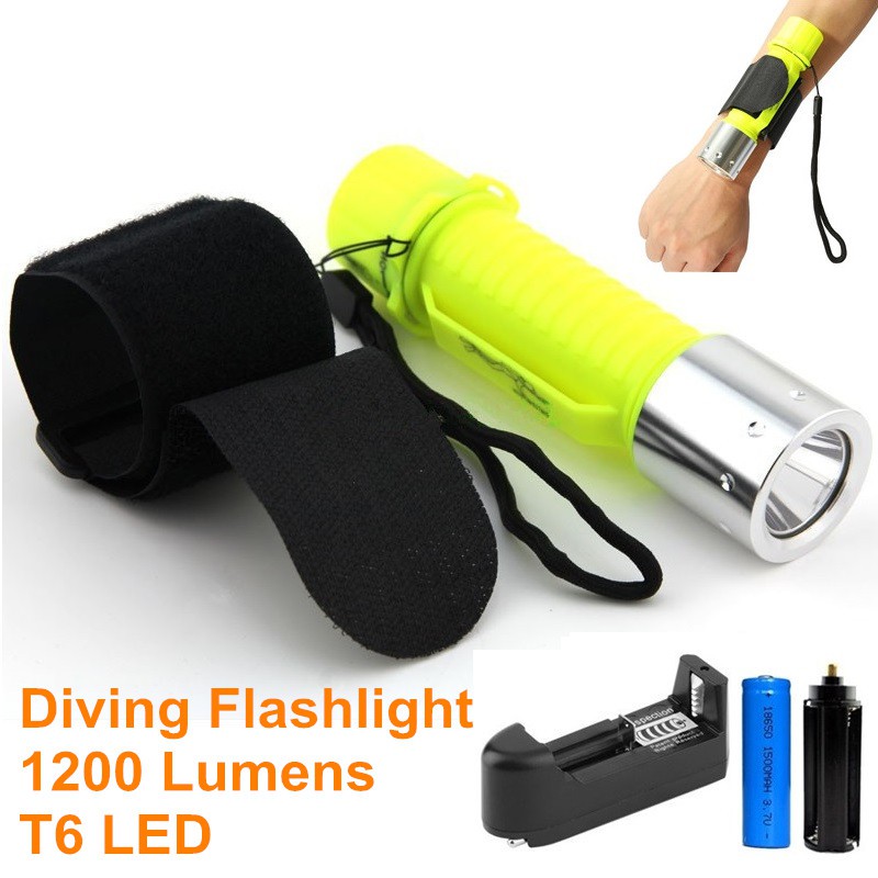 Đèn pin dùng đi lặn T6 , độ sáng 1200 Lumens với dây đeo cổ tay kèm bộ sạc pin