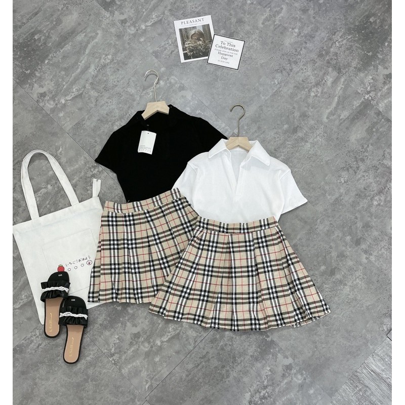 [Rẻ Vô Địch] Sét áo crt thun gân cổ bẻ mix chân váy kẻ bbr xếp ly  Chất thun gân mềm đep giãn 4c cv kẻ thô mềm