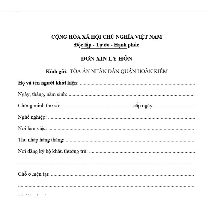 Mẫu đơn ly hôn đơn phương của Tòa án quận Hoàn Kiếm+bản hướng dẫn chuẩn bị hồ sơ, hướng dẫn nộp hồ sơ đến Tòa án