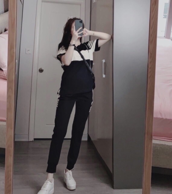 S273 Set Thể Thao Max Maran Phối Áo Phông Cổ Tròn In Chữ Nổi Và Quần Thể Thao Bo chun tôn Dáng , Chất Cotton tàu L1