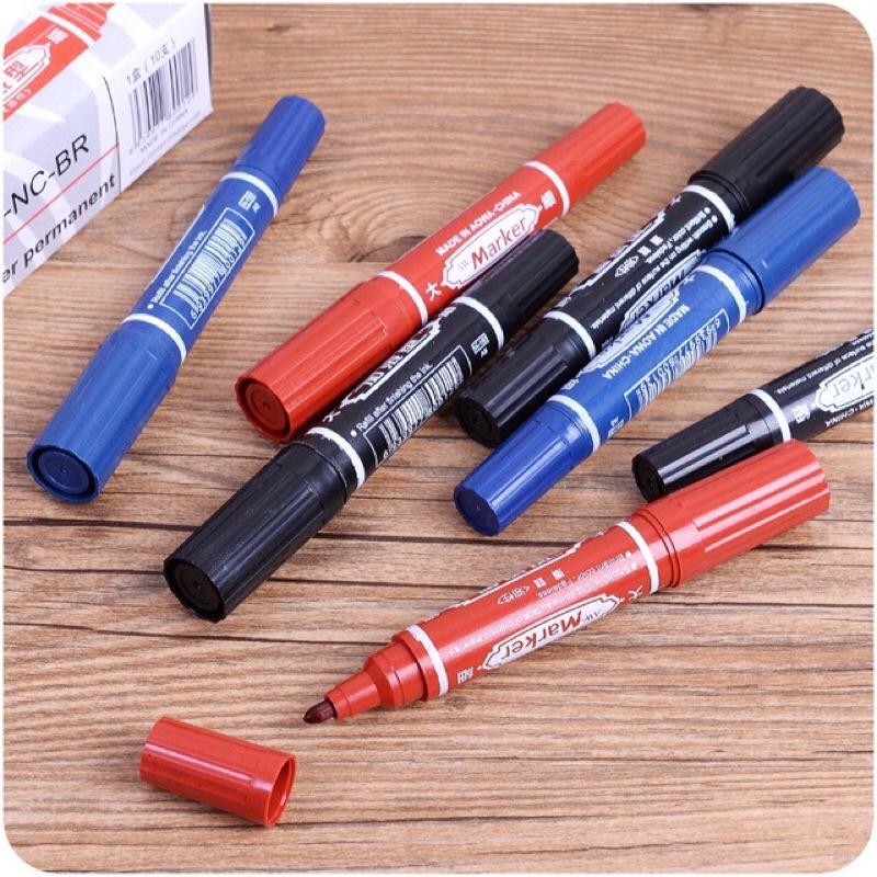 Bút lông dạ dầu 2 đầu Marker cao cấp xanh đỏ đen không trôi màu không xóa đánh vạch dấu viết bảng ghi chú thùng carton