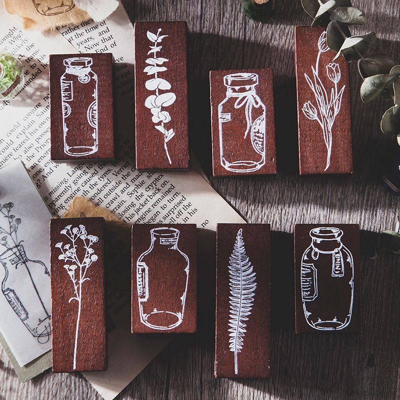 Bộ con dấu gỗ hình chai lọ trang trí nhật ký, sổ tay ,làm bullet journal phong cách vintage