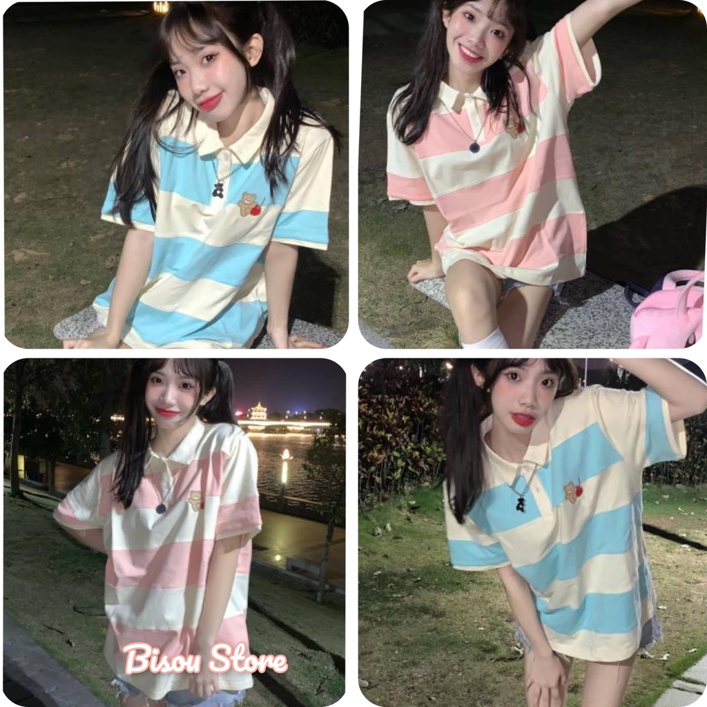 (ORDER) Áo thun nữ ulzzang dáng polo có cổ kẻ ngang mix 2 màu hình baby bear dễ thuuwong có size