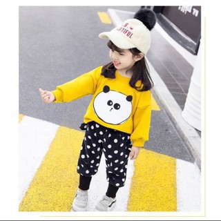 Set áo thun màu vàng hình gấu dài tay và quân dài chấm bi, bo gấu, cực xinh cho bé gái từ 8 đến 20 kg