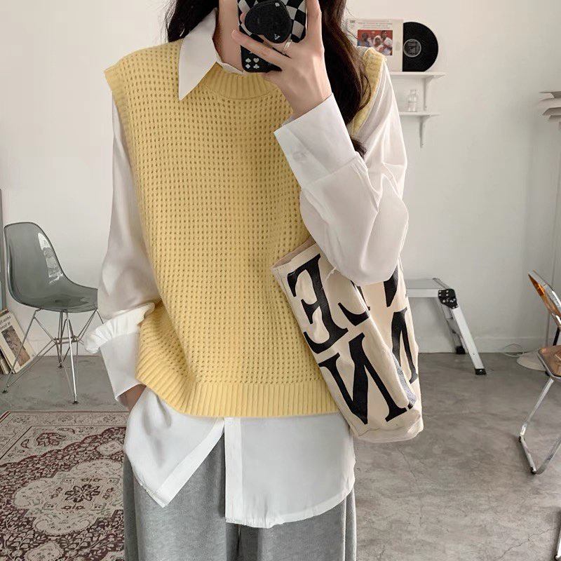 Áo gile LEN ĐAN LƯỚI CỔ TRÒN