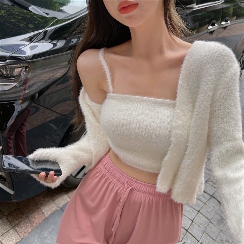 [SẴN ] Set áo lông 2 dây+áo khoác lông tay dài cực xinh 4 màu xanh/hồng/trắng/đen | BigBuy360 - bigbuy360.vn