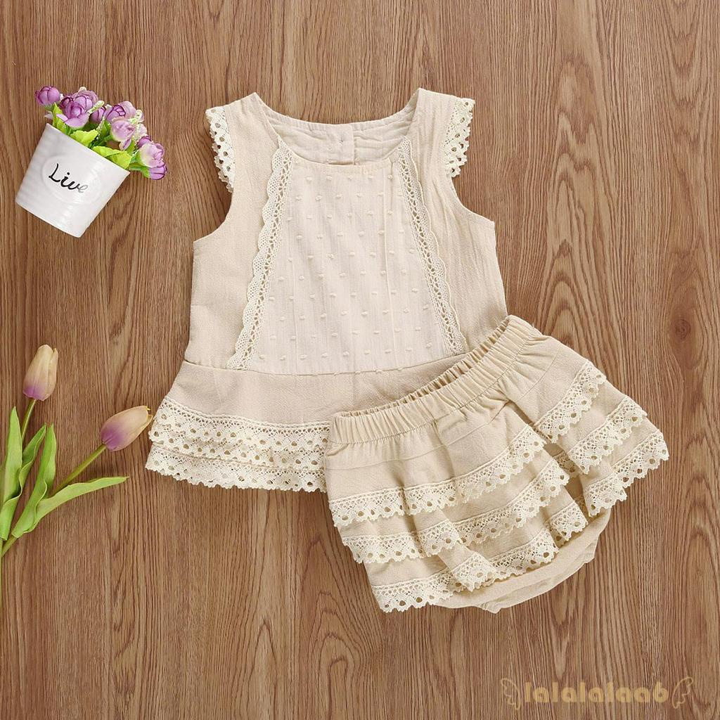 Set áo ren sát nách cổ tròn kèm chân váy dễ thương dành cho bé gái