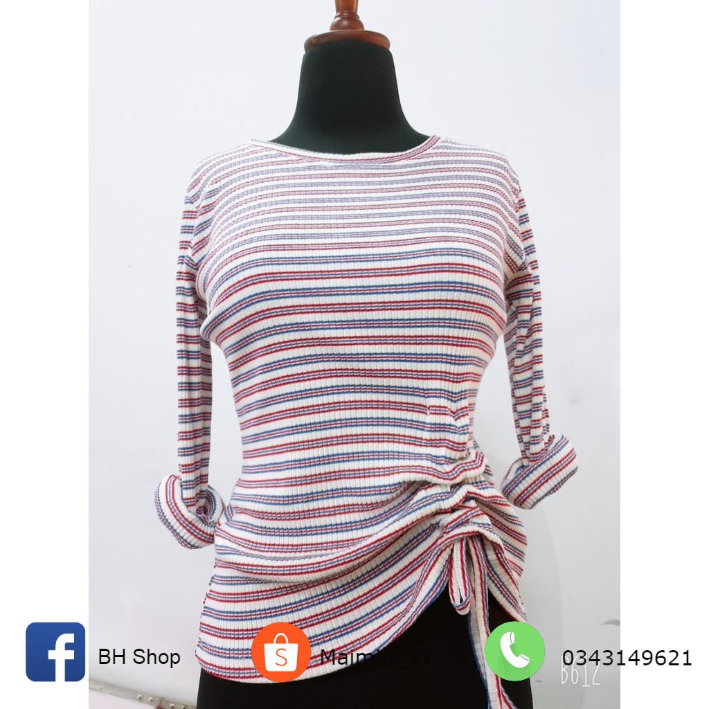 HOT TREND Áo Len Kẻ Dài Tay Rút Eo