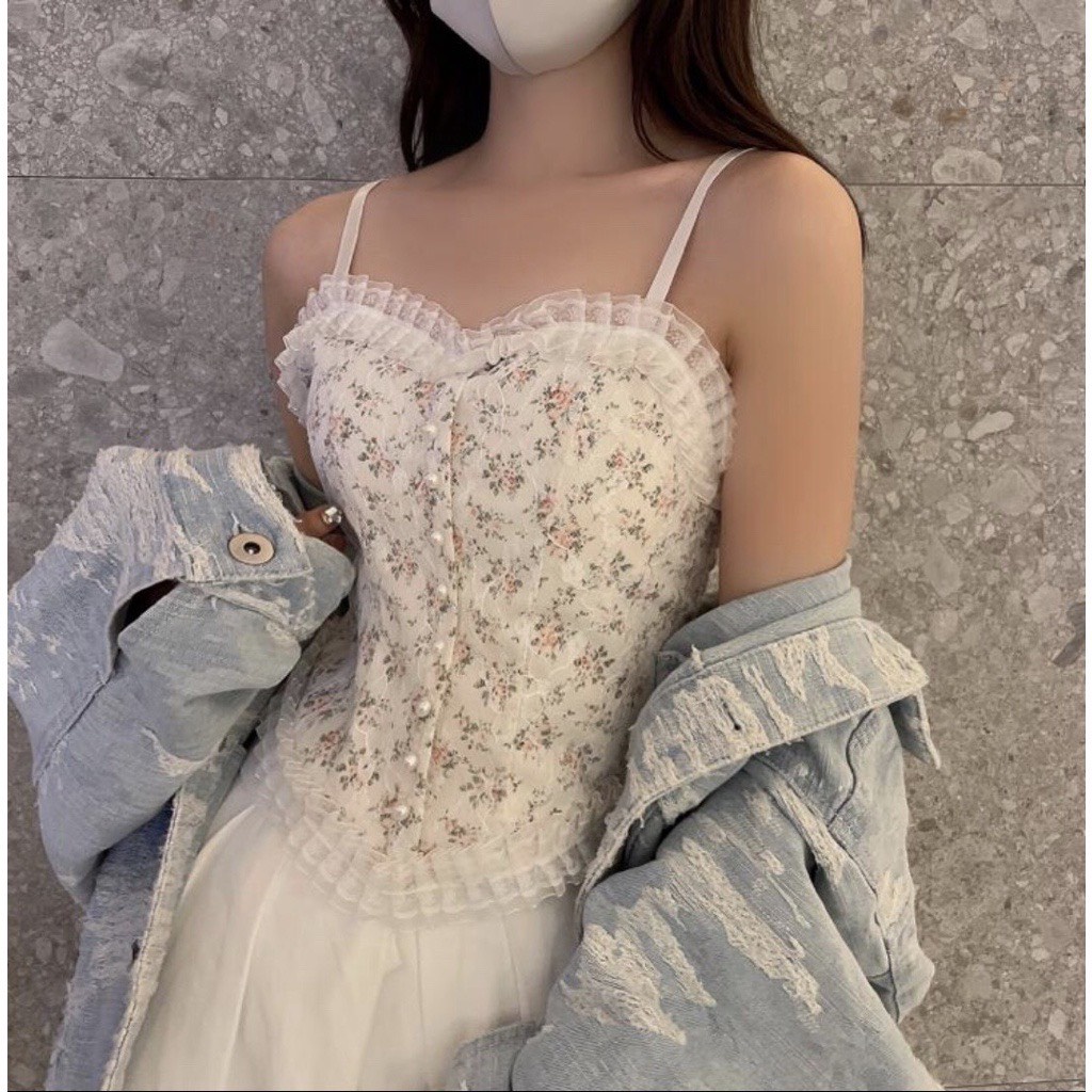 Áo Bra Hai Dây Croptop Phối Ren Họa Tiết Hoa Nhí, Áo Corset Lưng Chun Thoáng Mát | BigBuy360 - bigbuy360.vn