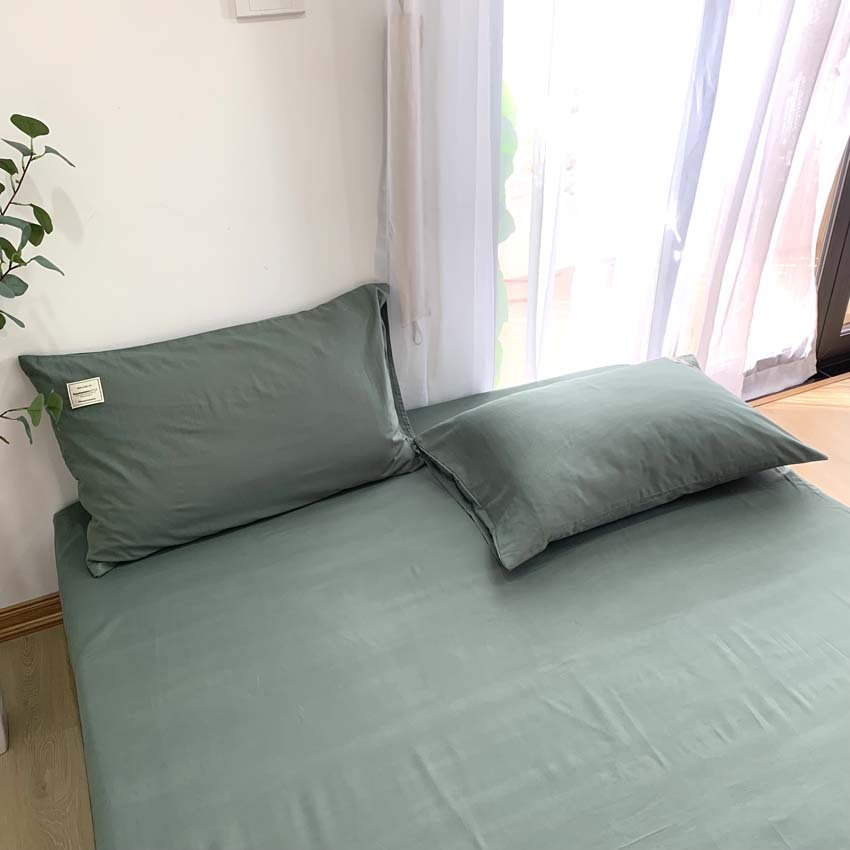 Bộ ga gối Cotton Tici 4 món bọc chun một màu trơn phong cách Hàn Quốc