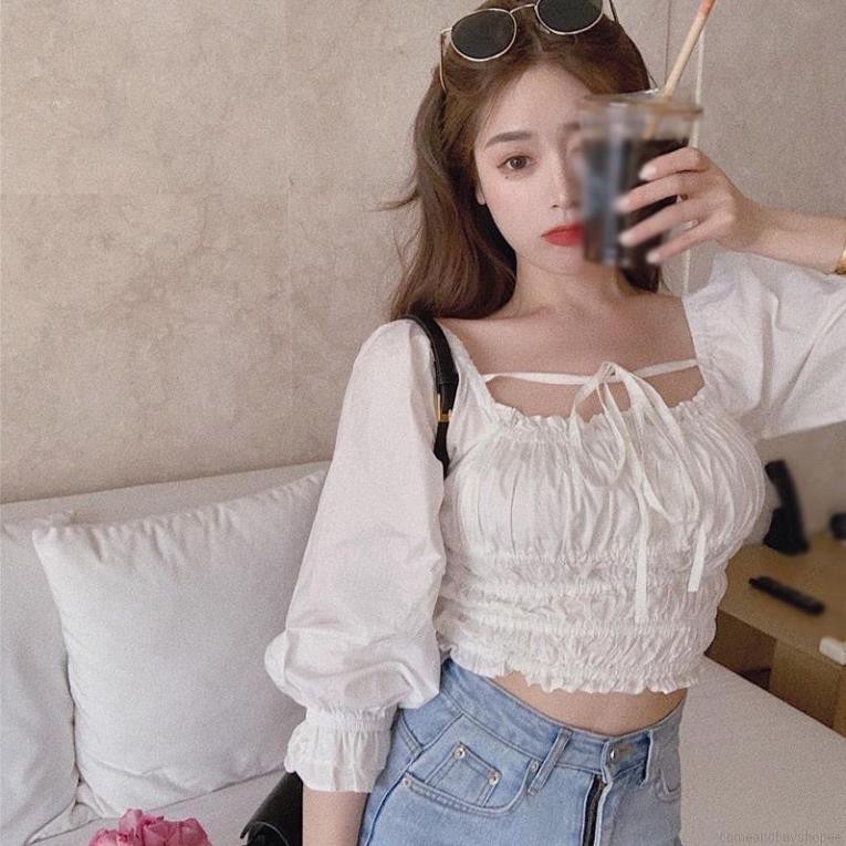 Áo croptop ulzzang trắng buộc dây cổ, áo croptop tay dài cổ vuông - myl.fashion