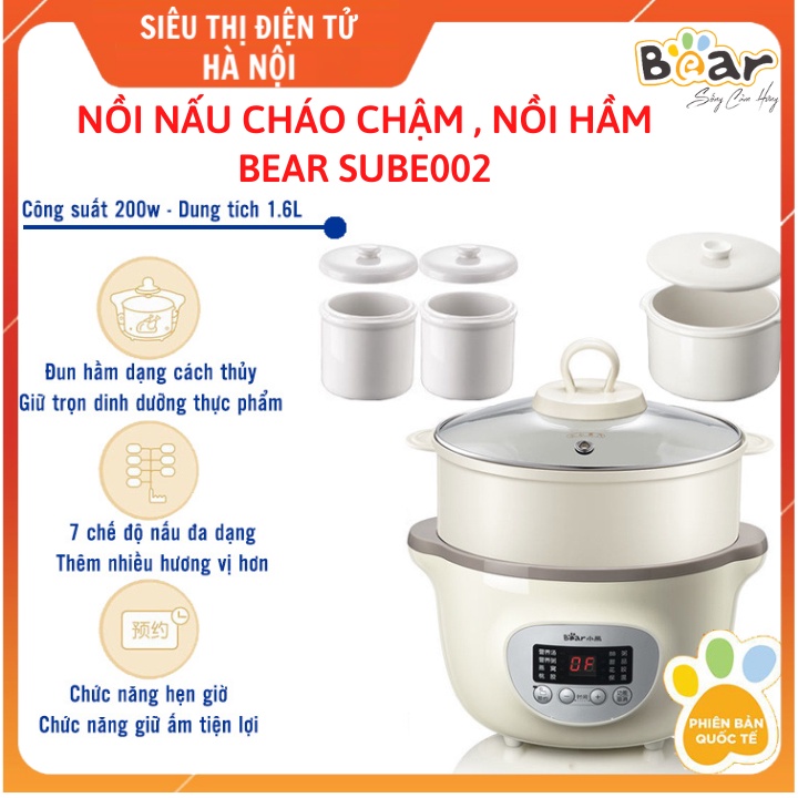 Nồi Nấu Cháo Chậm Cho Bé Bear 1.6L Sube002 - Đa Năng Chưng Yến Điện Cách Thuỷ, Hầm Cháo, Nấu Cháo (Bảo Hành 2 Năm)