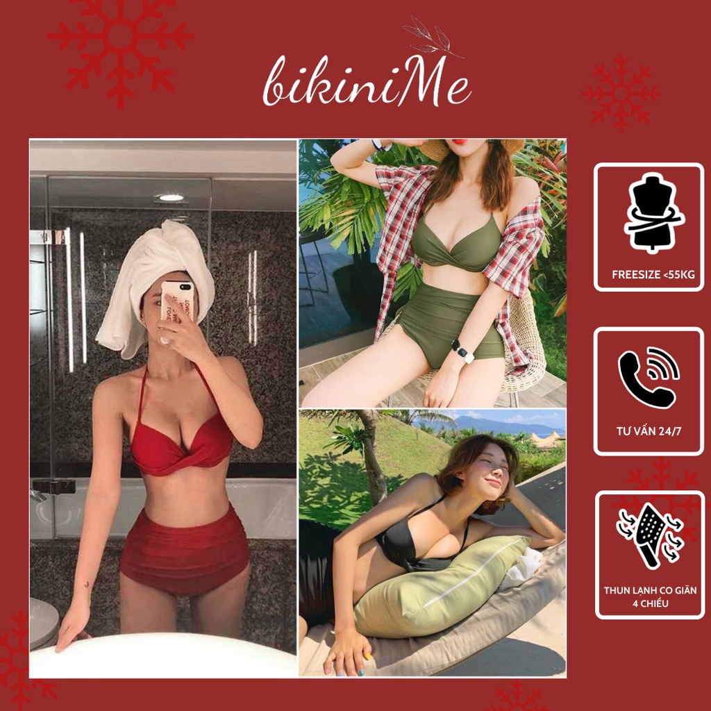 Bikini đồ bơi có gọng đệm dày nâng ngực, quần cạp cao che b ụng Đen, Xanh, Đỏ bikiniMe R43