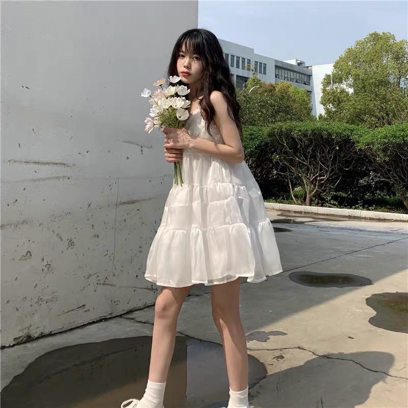 Đầm babydoll 2 dây voan tơ óng ánh LILA Dress+áo đen/áo kem dài tay ulzzang Hàn Quốc SAM SAM BOUTIQUE