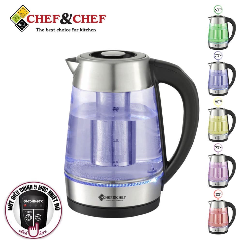 Ấm đun siêu tốc thủy tinh CHEF&amp;CHEF CH1730D 1.7 lít điều khiển điện tử thông minh