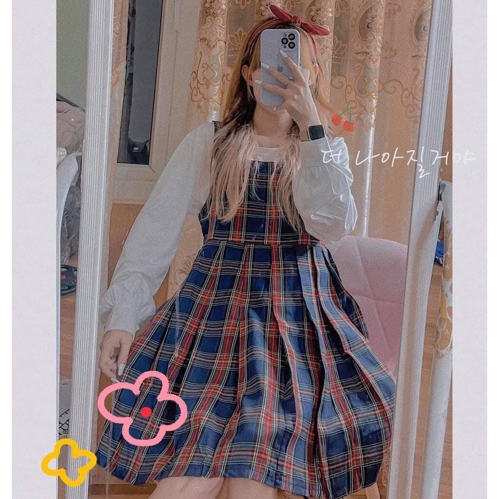 Set áo thun váy yếm kẻ 2 dây babydoll dáng xòe tiểu thư/ Áo thun trơn dài tay mix yếm suông ulzzang_ranstore | BigBuy360 - bigbuy360.vn