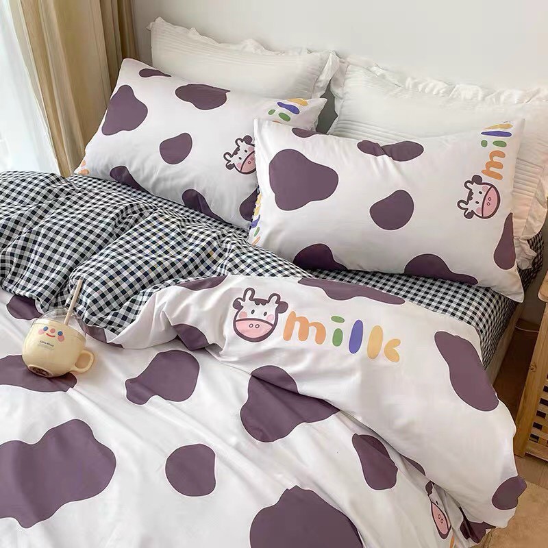 Bộ chăn ga gối Cotton poly Bo Decor Bò Milk tím, vỏ chăn mền, drap giường và 2 vỏ gối