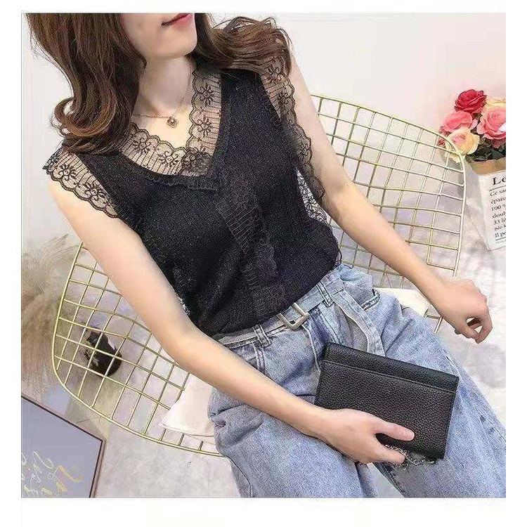 Áo Tank Top Dệt Kim Cổ Chữ V Màu Sắc Thanh Lịch