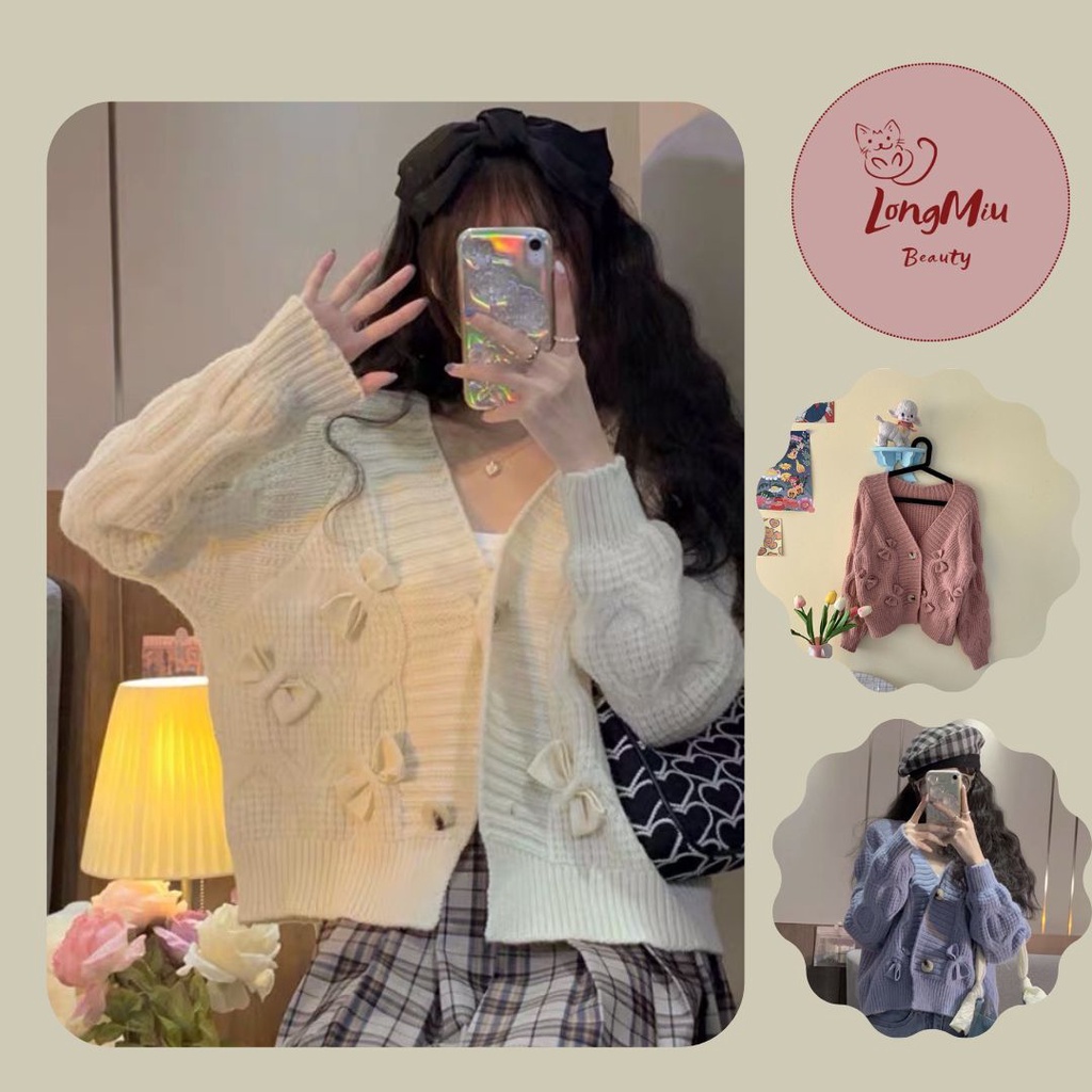 Áo khoác Cardigan dáng ngắn hình nơ xinh xắn cho Nữ phong cách cute ( Oder Có ảnh thật )