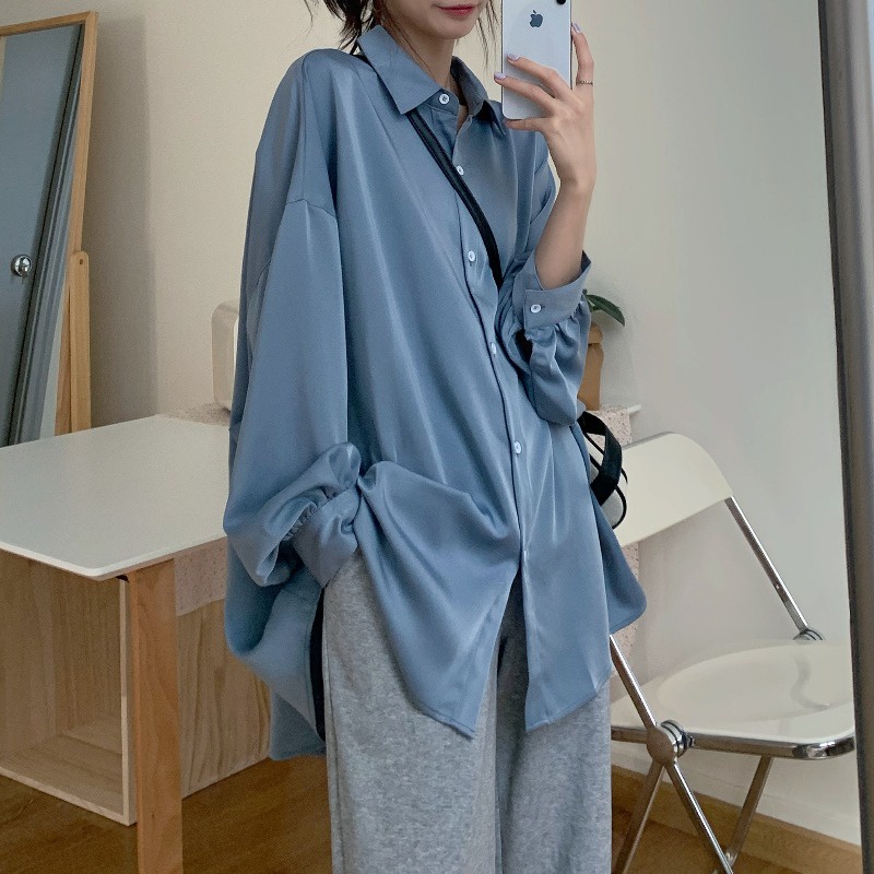 Áo sơ mi lụa tay phồng dài dáng rộng thời trang mùa xuân dễ phối đồ 17685