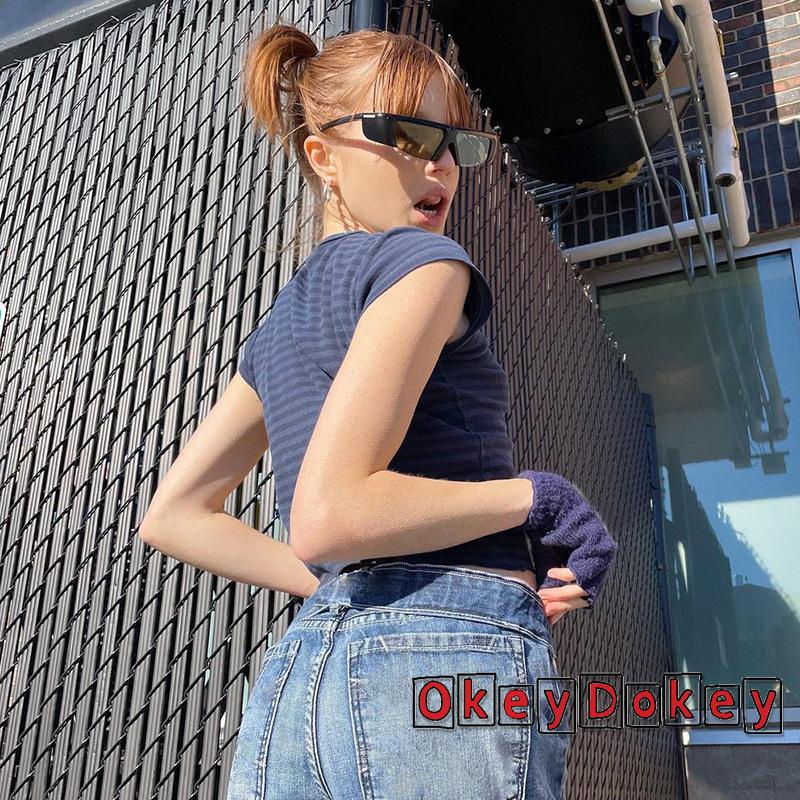 OKDK-Y2K Women Short Sleeve T-shirts Striped Round Neck Summer Casual Crop Tops