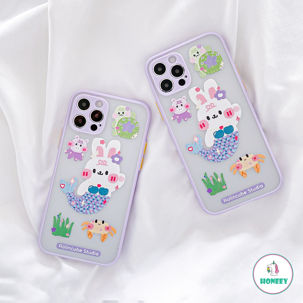 Cartoon Bunny Mermaid Phone Case for iPhone 12 11 Pro Max X XS Max XR 8 7 Plus Relief Matte Slim Fit Shock-Absorbing Soft TPU Back Cover