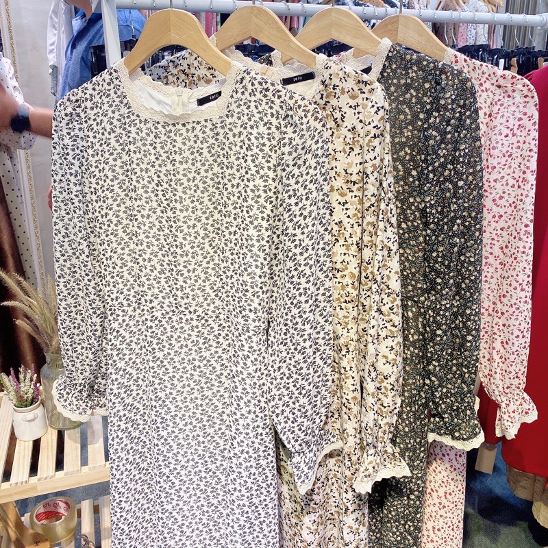 Đầm maxi hoa nhí cổ pha ren- hình thật | BigBuy360 - bigbuy360.vn