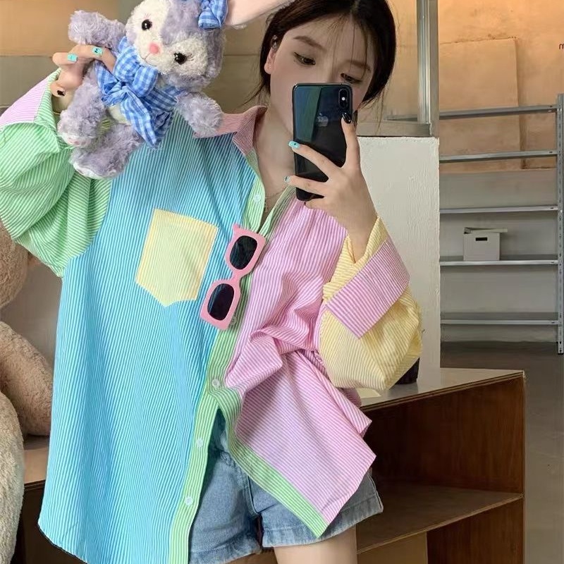 Áo sơ mi COZOK tay dài họa tiết kẻ sọc thời trang Hàn Quốc dễ phối đồ cho nữ