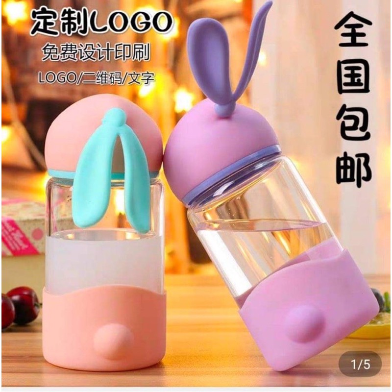 Bình uống nước thủy tinh tai thỏ siêu dễ thương 340ml