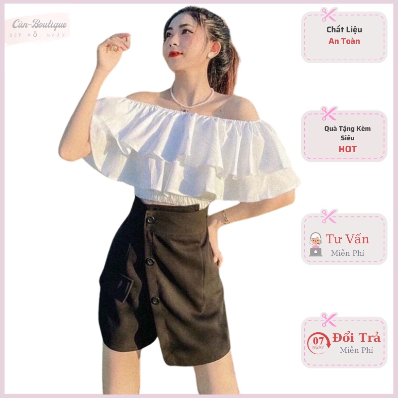 Set bộ nữ áo trễ vai nhún bèo kèm quần giả váy chất for mềm phối chéo nhung onesize dưới 55kg đi chơi dạo phố QA701
