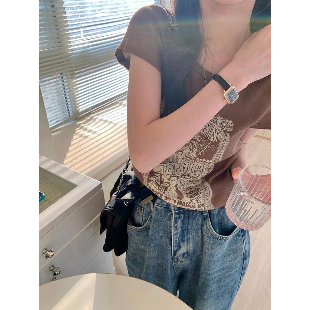 Áo Thun Ngắn Tay In Họa Tiết Phong Cách Retro Hàn Quốc Cho Nữ